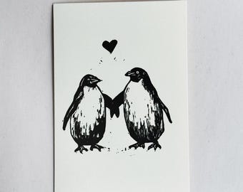 Penguin Love Handmade linocut greeting card