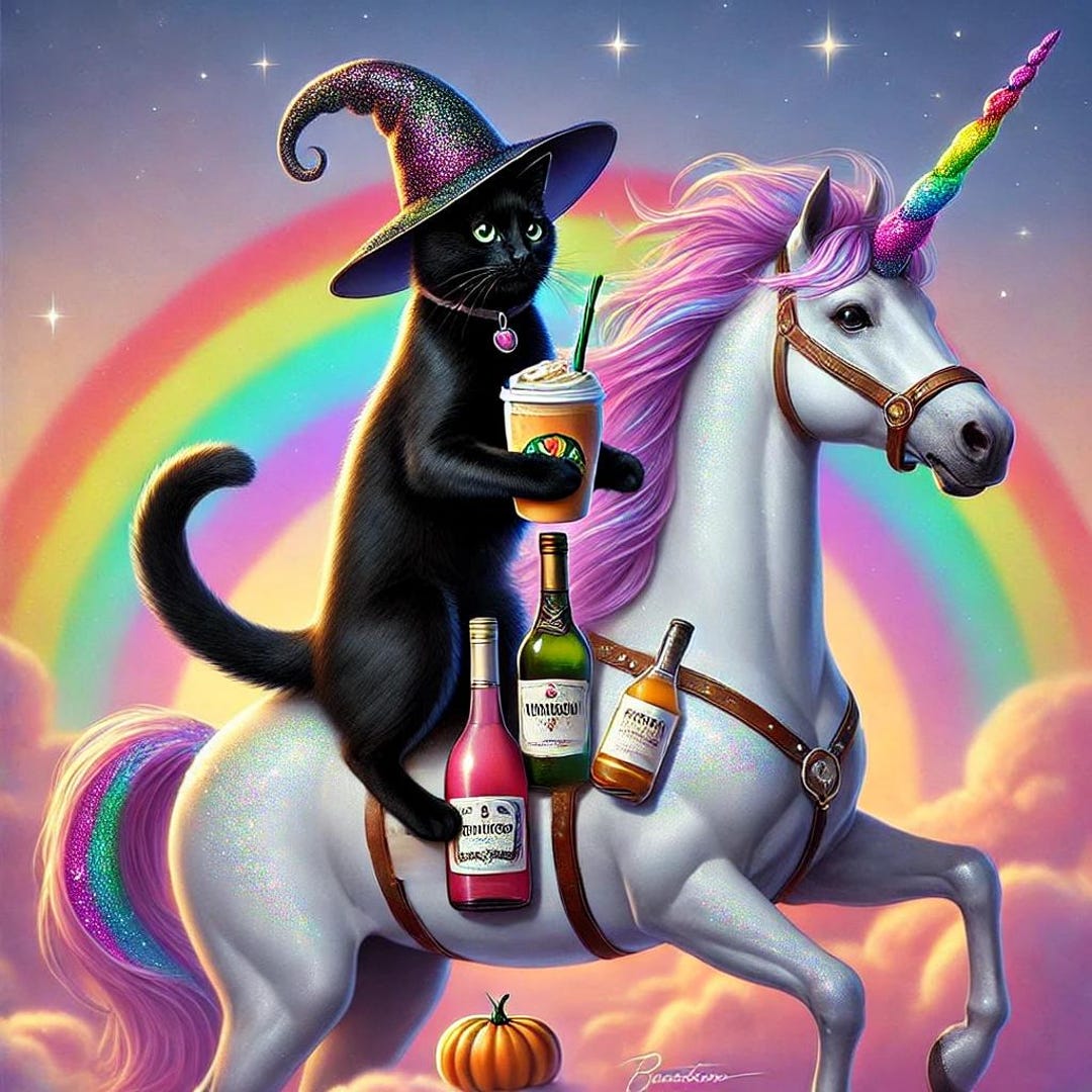 Black Cat Riding Rainbow Unicorn Fantasy Digital Art Print Wall Art AI ...