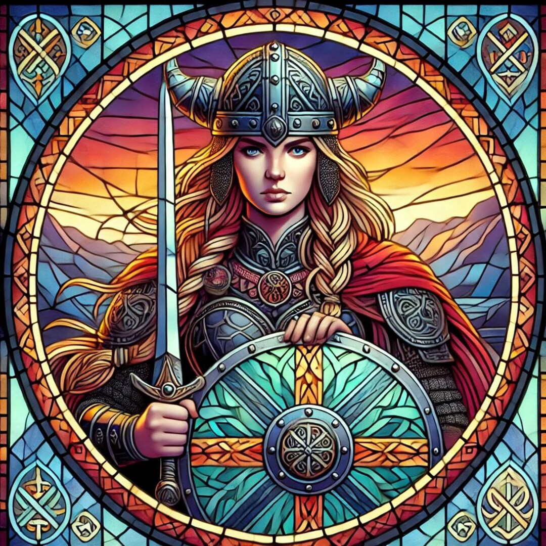 Stained Glass Shield Maiden Viking Art Digital Art Print Wall Art AI ...