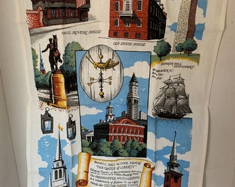 May include: A colorful illustration of historic Boston landmarks, including Paul Revere House, Old State House, Bunker Hill Monument, Old North Church, Old South Meeting House, and the Custom House Tower. The text "Historic Boston" is featured in the center of the image.