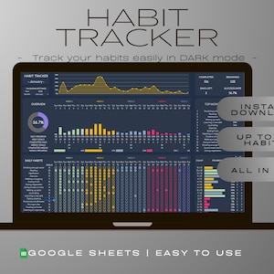 Op de afbeelding: Een Google Sheets-sjabloon in donkere modus voor het bijhouden van gewoontes. Het sjabloon bevat een voortgangsbalk, een dagelijkse gewoontetracker en een sectie voor het bijhouden van voltooide gewoontes. De tekst op het scherm luidt "HABIT TRACKER - Track your habits easily in DARK mode - INSTANT DOWNLOAD UP TO 30 HABITS ALL IN 1 TAB GOOGLE SHEETS | EASY TO USE".
