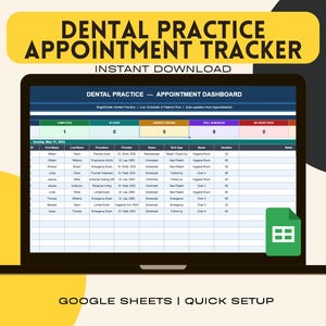 Dental Practice Appointment Tracker — Google Sheets Template | Patient Scheduling, Daily Schedule & Provider Dashboard