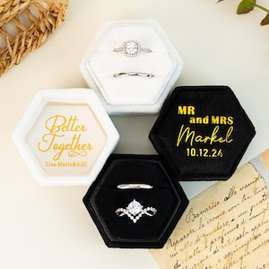 Boîte à bagues personnalisée en velours, boîte à bagues en velours double fente, boîte à alliances, porte-anneaux hexagonal personnalisé, cadeau de mariage, cadeau d&#39;anniversaire