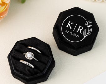 Personalized Triple Slot Velvet Ring Box, Mothers Day Gift, Engagement Ring Box, Wedding Ring Box, Proposal Ring Bearer, Monogram Ring Box