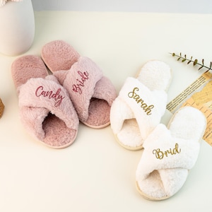 Custom Fluffy Slippers, Personalized Fluffy Cross Slippers, Custom Bride Slippers, Bride to Be Gift, Bridesmaid Gift, Bachelorette Party