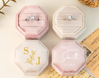 Caja de terciopelo personalizada para anillos: joyero octogonal de triple compartimento, regalos de boda y aniversario.