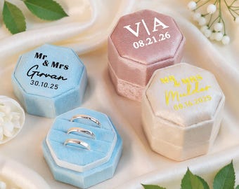Personalized Ring Box, Custom 3 Slots Velvet Ring Box, Wedding Ring Bear Box, Engagement Ring Holder, Wedding Memorial, Anniversary Gift