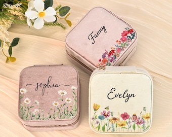 Personalized Birth Month Flower Jewelry Box, Custom Floral Travel Velvet Jewelry case With Mirror, Vintage Leather Jewelry Case