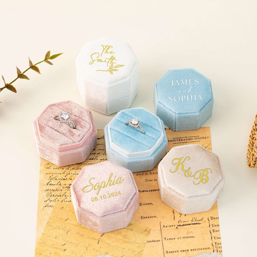 Triple Octagon Monogram Velvet Ring Box 3 Slots Holds 3 Rings Bearer ...