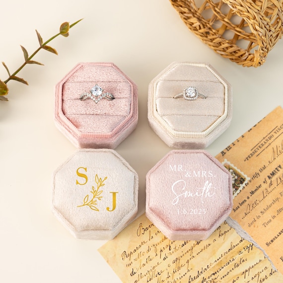Personalized Velvet Ring Box: Triple Slot Octagon Jewelry Box, Wedding & Anniversary Gifts