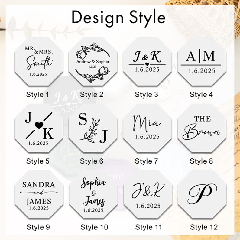 May include: Twelve octagonal design styles for personalised wedding or event stamps. Each stamp features names, initials, or dates in various elegant fonts and decorative elements. The text "Design Style" is at the top.