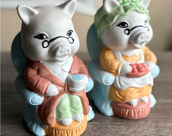 Vintage Kitschy Świnka Porcelana Malowane Ręcznie Skarbonki Babcia i Dziadek