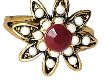 Pierścionek Vintage Gold White Red Starburst Flower Rozmiar 8