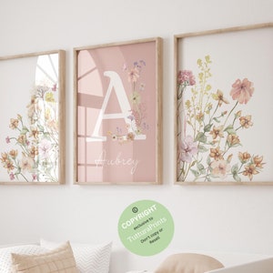Wilde bloemenprints| Bloemen kinderkamer muurkunst, boho, decoratie babymeisje | Aangepaste wilde bloemen| Gepersonaliseerde naam| Vintage weidebloemen