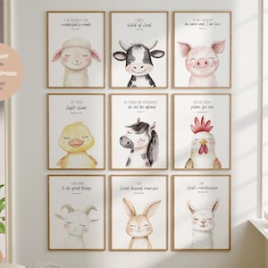 Baby Bauernhof Kinderzimmerdrucke, niedliche Bauernhoftier-Drucke, christliches Kinderzimmer, christliches Kinderzimmer, Babytier-Farmhof-Kinderzimmer, Babypartygeschenk, Bibel-Vers-Kinderzimmer