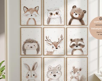 Waldtiere, Druckbare Wandkunst für Kinder, Waldtiere, Aquarell Bär, Reh Fuchs Drucke