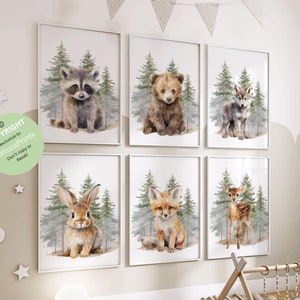 Láminas de animales del bosque para habitación de bebé, decoración de pared para habitación de bebé, regalo de arte de pared para habitación de bebé, decoración de habitación infantil con estampados de animales del bosque, arte de pared imprimible