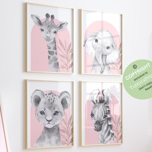 Estampas de animais de safári, elefante, leão, girafa, decoração de quarto infantil rosa para meninas, estampas de animais da selva, conjunto de 4 estampas, berçário de meninas