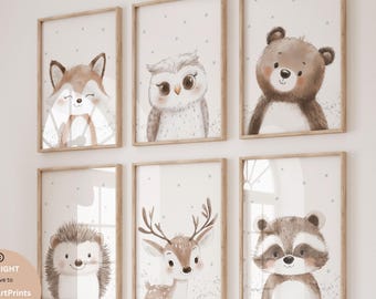 Waldtiere, Druckbare Wandkunst für Kinder, Waldtiere, Aquarell Bär, Reh Fuchs Drucke
