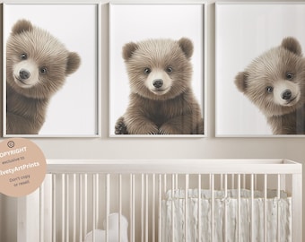 Peeking Bear Nursery Print, Baby Bear Nursery Wall Art, Peekaboo Bear Nursery Decor, Neutral Nursery Decor, Woodland Nursery art, set of 3