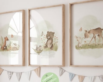 Woodland Animal Prints, Woodland Nursery Wall Art Gift, Boy Nursery Wall Art, Forest Animal Nursery Decor, Aquarel Bear Deer Fox Prints