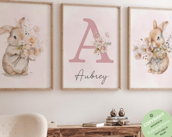 wildflower prints, Bunny Nursery prints, personalized name, baby girl nursery, Floral Bunny  Wall Art, Boho Nursery Art, pink nursery decor