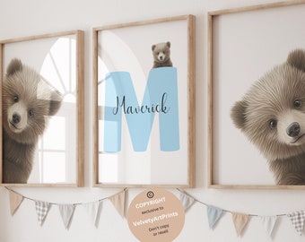 Baby Bear Nursery Wall Art, Peeking Bear Nursery Print, Personalized name gift, Peekaboo Bear Nursery Decor, Woodland Nursery art, set of 3