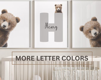 Peeking Bear Nursery Print, Baby Bear Nursery Wall Art, Peekaboo Bear Nursery Decor, Personalized name gift, Woodland Nursery art, set of 3