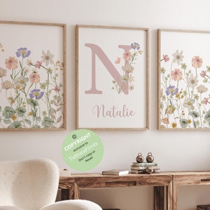 Aangepaste wilde bloemen| Wilde bloemenprints| Bloemen kinderkamer muurkunst, boho, babymeisje kinderkamerdecoratie | Gepersonaliseerde naam| Vintage weidebloemen