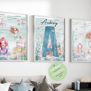 Láminas de sirena para habitación de niña, nombre personalizado, decoración de guardería de sirena, arte de pared de guardería de niña bajo el mar, guardería de niña, láminas de guardería