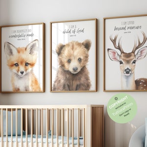 Christian nursery, bible verse nursery, Woodland Nursery decor, Woodland animals, Gender neutral nursery, Animal posters, Baby animals art