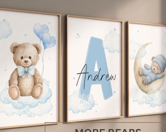 Set of 3 Teddy bear nursery wall art print| Bear , Bear nursery Decor | Moon, Cloud| Nursery Decor| Personalized name | Boy nursery decor