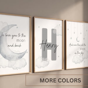 Nursery wall art print, Personalized name sign nursery,  neutral nursery decor, Moon  Stars cloud Nursery,  baby room decor, nursery  prints