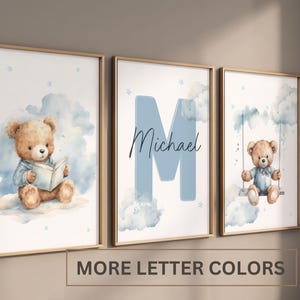 Set of 3 Custom Teddy Bear nursery wall art print| Personalized name Teddy bear Nursery Decor| Nursery Child Kids Decor| Cloud, Moon, Ballon