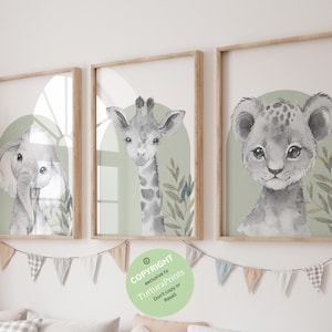 Estampados de animales de safari, elefante, león, jirafa, decoración de dormitorio infantil de género neutro en verde salvia, estampados de animales de la jungla, juego de 3 impresiones