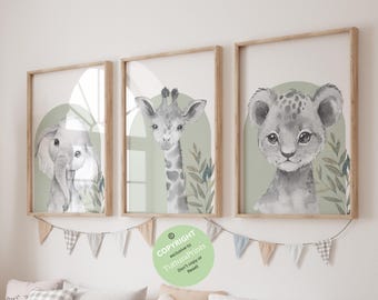 Safari Animal Prints, Elephant Lion Giraffe, Sage Green Gender Neutral Kids Bedroom Playroom Decor, Jungle Animal Prints, set of 3 prints