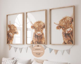 cow nursery decor, baby highland cow nursery art, watercolor cow art, farm animal wall decor, Highland  cow wall art print, nursery wall art