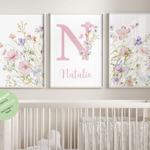 Aangepaste wilde bloemen| Wilde bloemenprints| Bloemen kinderkamer muurkunst, boho, babymeisje kinderkamerdecoratie | Gepersonaliseerde naam| Vintage weidebloemen
