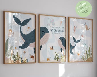 Under the Sea Nursery Prints, Nautical Ocean Animal Posters, Ocean nursery, Sea Animal Wall Art, Playroom Decor, whale art, Boy nursery art