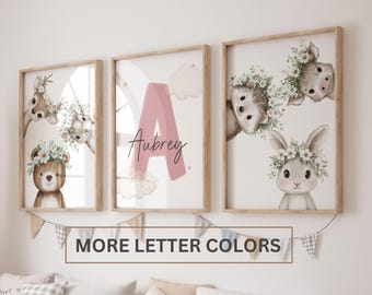 Woodland Animal Prints, Woodland Nursery Wall Art Gift, Personalized name print, Forest Animal Nursery Decor, Watercolor Bear Deer Fox bunny