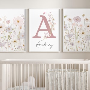 Wilde bloemenprints| Bloemen kunst aan de muur kinderkamer, boho, decoratie babymeisje | Aangepaste wilde bloemen| Gepersonaliseerde naam| Vintage weidebloemen