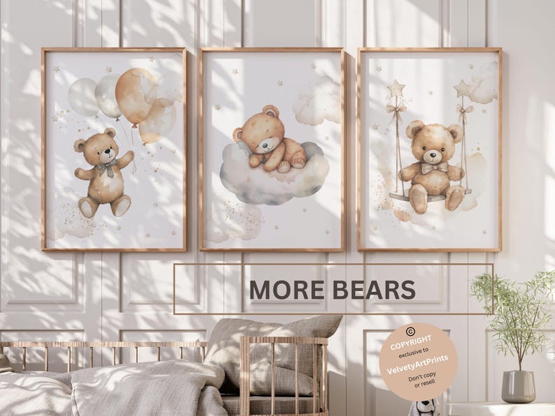 Set of 3 Teddy Bear Nursery Wall Art Print| Bear Nursery Decor| Bear ...