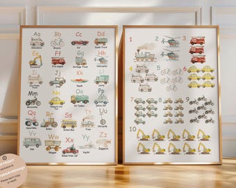 Transport Alfabet Numer Druku, Transport Pojazd Alfabet, Plakat do Klasy, Sztuka Ścienna Do Pokoju Chłopca, Wystrój Dziecięcego Pokoju, Plakat Edukacyjny
