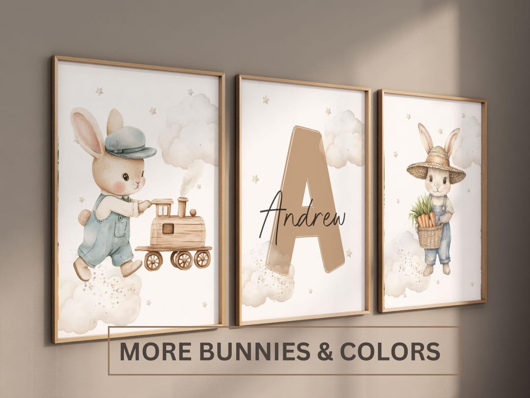 Set of 3 Bunny Nursery Wall Art Print, Baby Rabbit Prints, Personalised ...