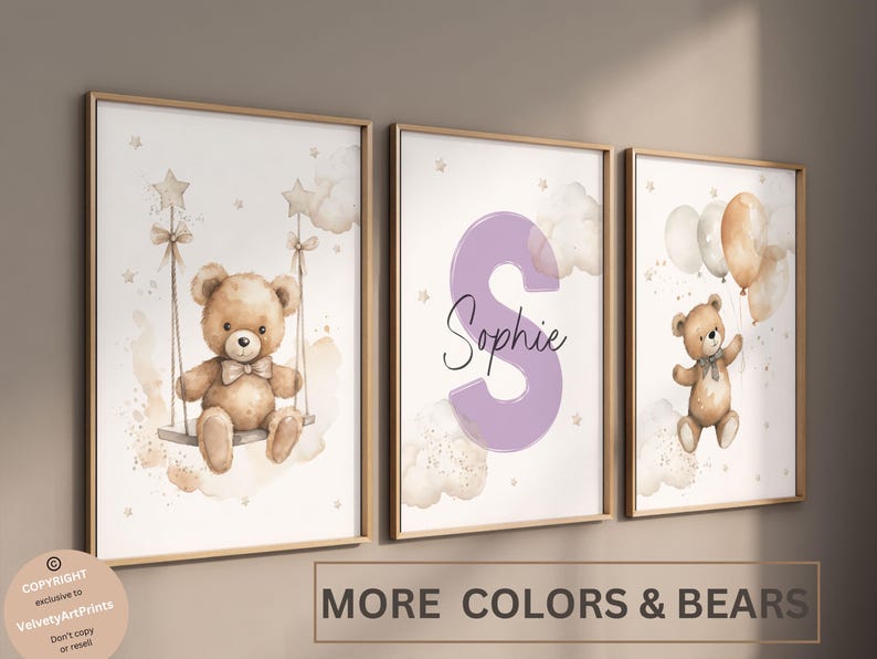 Set of 3 Custom Teddy Bear Nursery Wall Art Print| Personalized Name ...