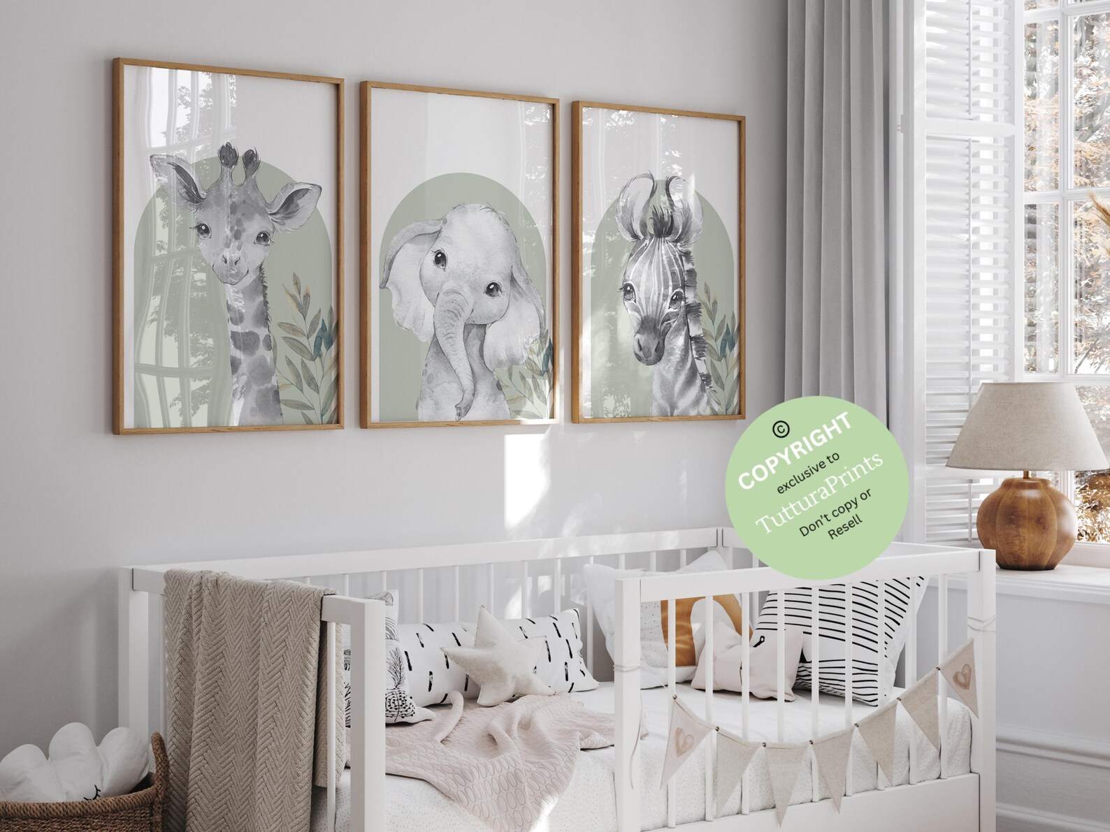 Safari Animal Prints, Elephant Lion Giraffe, Sage Green Gender Neutral ...