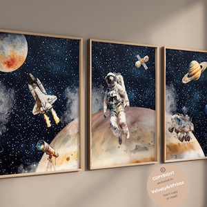 May include: A set of three watercolor paintings depicting space exploration. The first painting shows a spaceship flying through a starry sky with a planet in the background. The second painting features an astronaut floating in space with a planet in the background. The third painting shows a rover exploring a planet with a ring system.