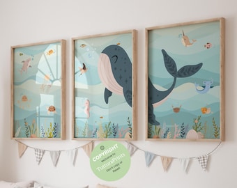 Ocean nursery, Nautical nursery, Sea animal wall art, whale print, Under the sea art, Ocean theme nursery, boy nursery print, Playroom decor