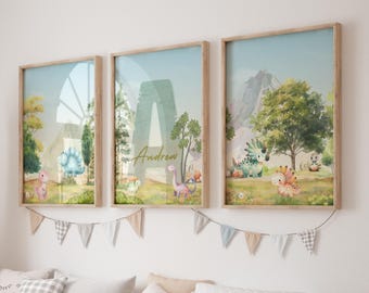 Set of 3 Custom Dinosaur Nursery Wall art Print| Boy Dino Print| Personalized Name sign Nursery Child Kids Printable Gift| Nursery Decor