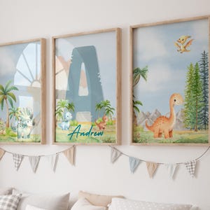 Custom Dinosaur Nursery Print Set of 3 Wall Art Poster Initial Name Personalized Gift Baby Dinosaur Boys Girls Room Decor Boy Girl Printable